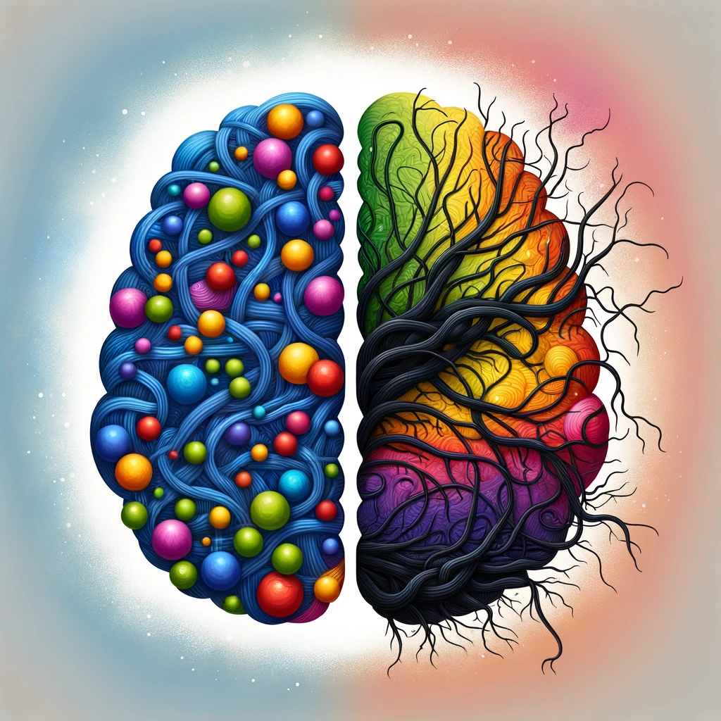 Vibrant brain illustration with one side featuring colorful, intertwined patterns and the other in grayscale, depicting the contrast between creative inspiration and art block.
