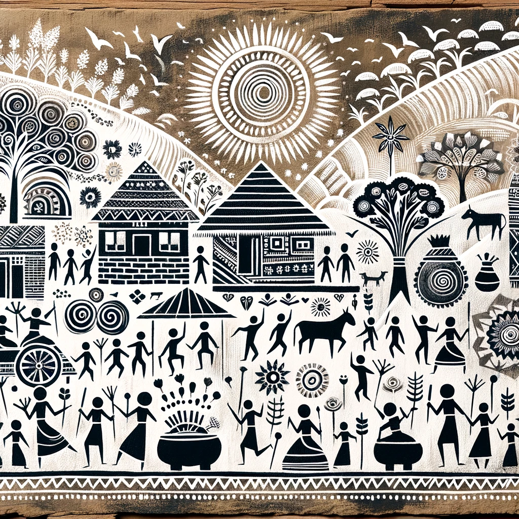 A Warli painting showcasing a village scene with people farming, dancing, and celebrating, highlighting the art's monochromatic elegance and its deep connection with nature.
