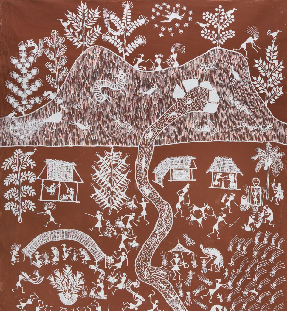 Warli painting 'Untitled (Harvest)' by Jivya Soma Mashe depicts traditional harvest scenes using natural pigments on cloth, showcasing intricate tribal motifs and cultural narratives, exhibited at MAP, Bengaluru.