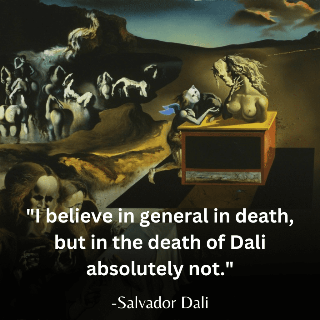 In this Salvador Dali painting, a striking juxtaposition of life and death unfolds with skull-like formations in a landscape, a figure resting atop a cabinet and a melting clock, echoing Dali's quote 'I believe in general in death, but in the death of Dali absolutely not.' This artwork embodies Dali's belief in the transcendence of his artistic legacy beyond mortal limits.