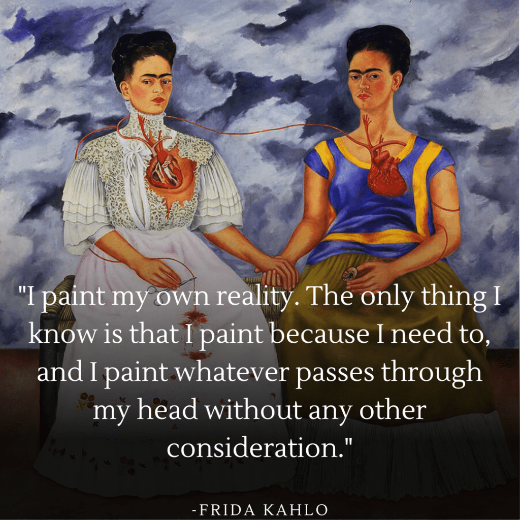 Frida Kahlo painting 'The Two Fridas' depicting dual heritage and personal struggles, alongside quote 'I paint my own reality.'