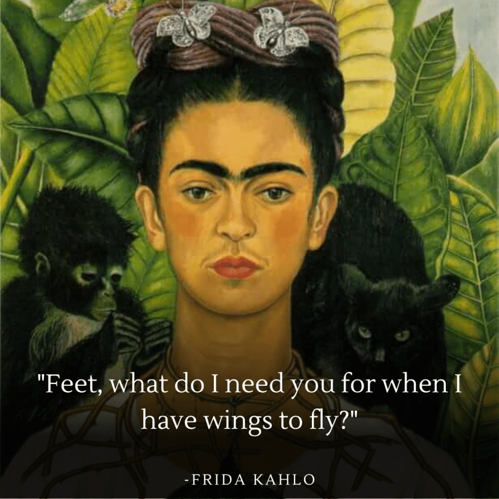 'Self-Portrait with Thorn Necklace and Hummingbird' by Frida Kahlo, symbolizing resilience and freedom, next to her quote on wings to fly.