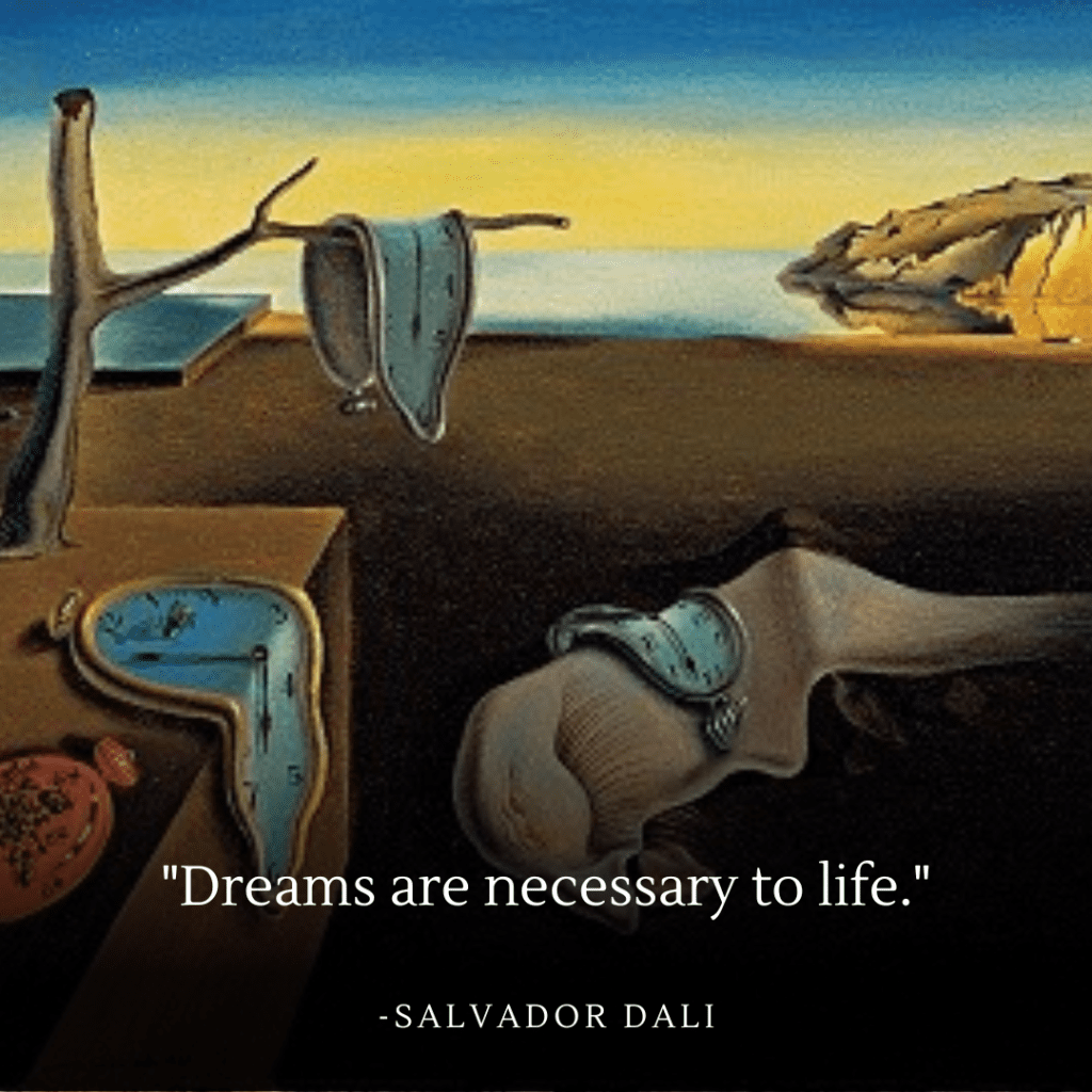 Salvador Dalí's The Persistence of Memory painting, a surreal depiction of melting clocks, embodying the fluidity of time in dreams.