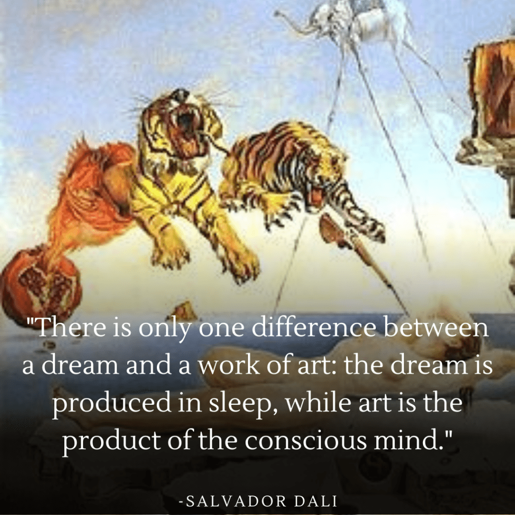 Dalí's painting captures a vivid dream moment, blurring lines between sleep's fantasies and waking life's art.