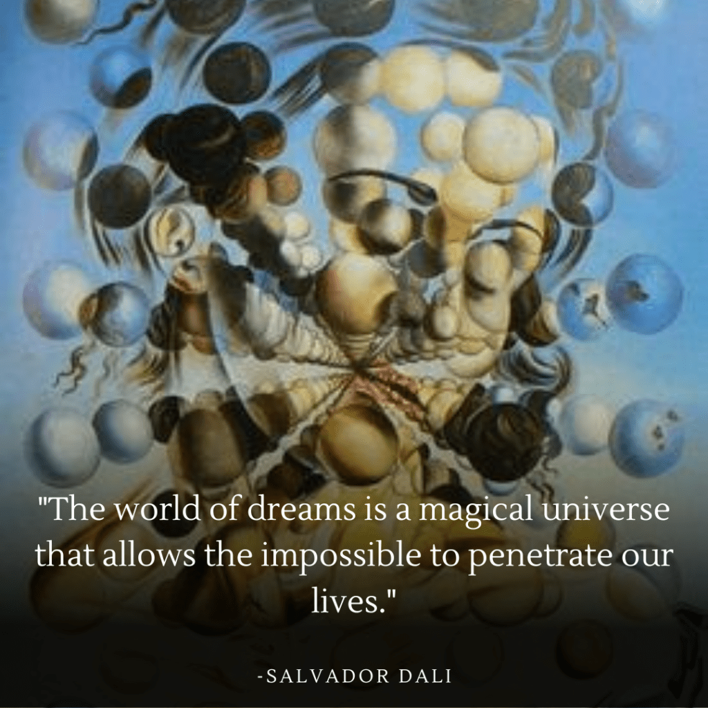 Painting by Salvador Dalí portraying Gala as a composition of spheres, illustrating the magic of dreams transcending into reality.