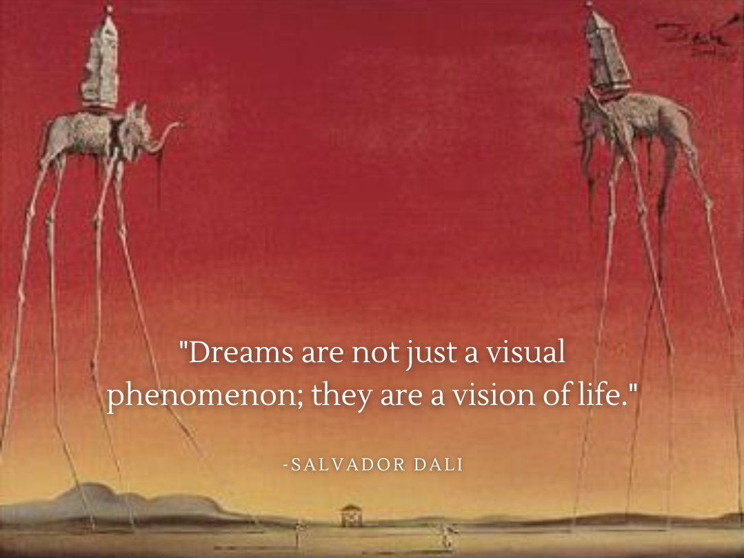 Surreal painting by Salvador Dalí featuring elongated elephants, representing the profound visions found in dreams.