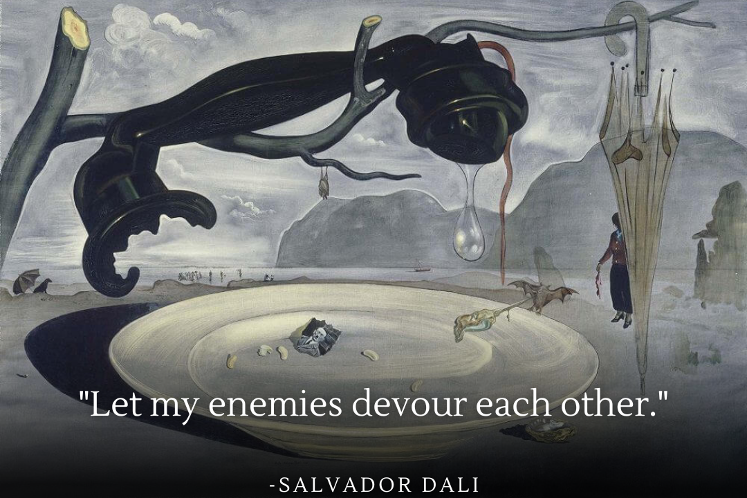 Dalí's painting reflecting on conflict and self-destruction, mirroring the chaotic nature of dreams.