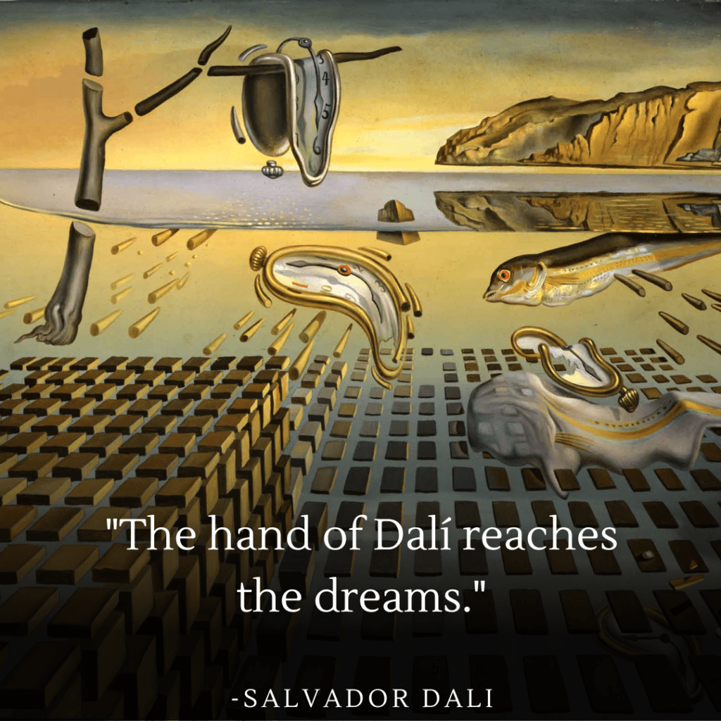 Artwork by Dalí showcasing a disintegrated landscape of melting clocks, symbolizing the deep dive into the subconscious dream world.