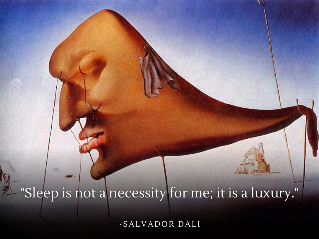 Salvador Dalí's painting titled 'Sleep,' depicting a head supported by crutches, symbolizing the restorative and luxurious nature of dreaming.