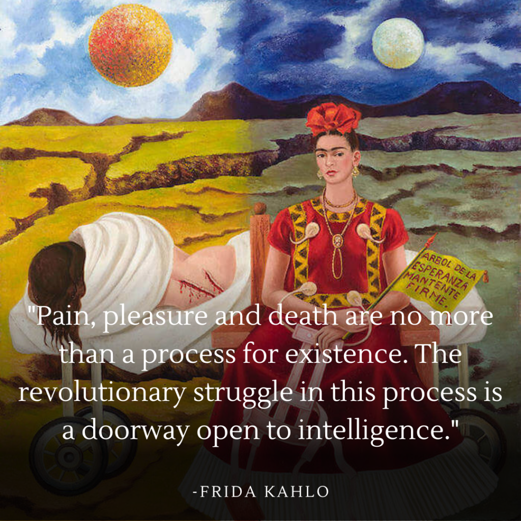 Frida Kahlo's 'Tree of Hope, Remain Strong' painting, echoing her resilience and struggle, illustrated next to her profound quote.