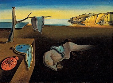 Iconic Salvador Dalí painting 'The Persistence of Memory,' showcasing melting clocks against a dreamlike landscape, symbolizing the fluidity of time and the realm of dreams.