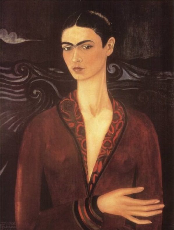 Frida Kahlo's 1926 self-portrait 'Self-Portrait in a Velvet Dress' features her in a deep red velvet garment, capturing her intense gaze and distinctive style that marked the beginning of her prolific career as an artist.
