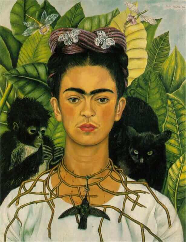 Frida Kahlo in her self-portrait with a thorn necklace and a hummingbird, symbolizing her resilience and artistic spirit.