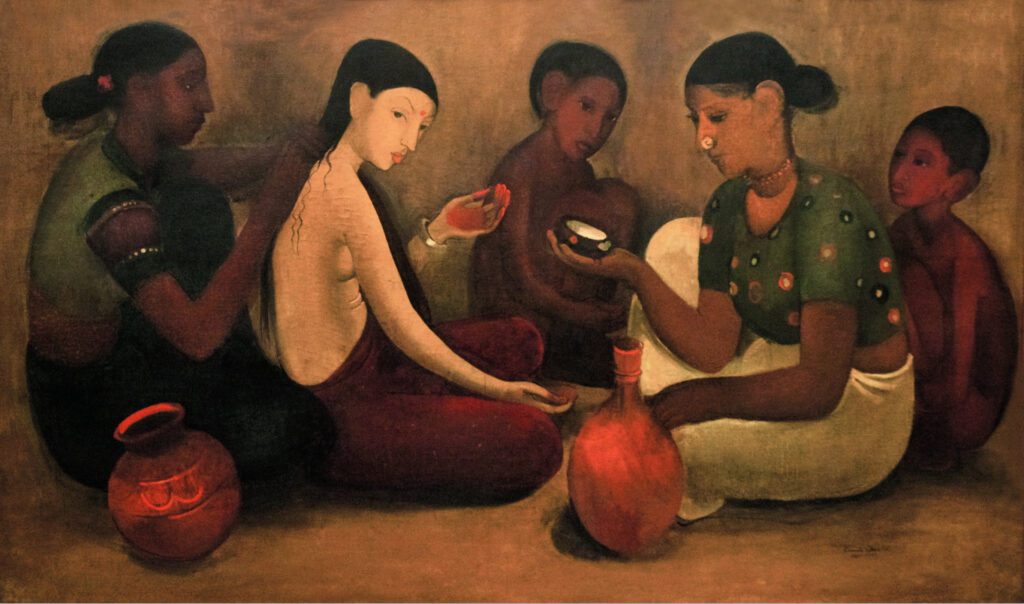Amrita Sher-Gil's painting 'The Bride's Toilet' depicting five Indian women in traditional attire engaged in prenuptial rituals, with one adorning the bride in a serene, earth-toned setting, evoking the cultural richness and communal bond of Indian weddings.