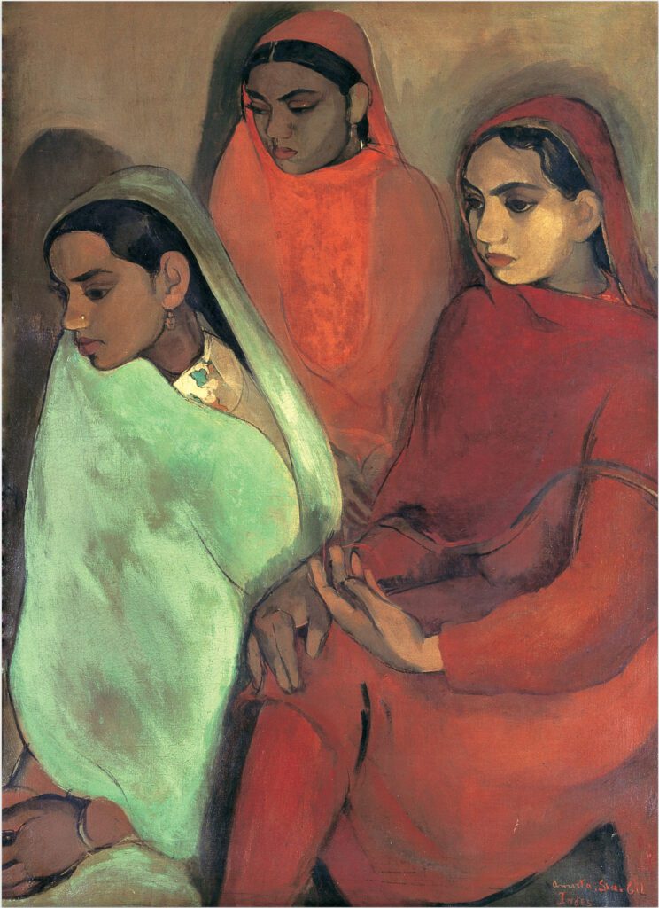 Amrita Sher-Gil's painting 'Group of Three Girls' features three Indian women draped in colorful sarees, with introspective expressions, symbolizing the depth of female bonds and cultural identity.