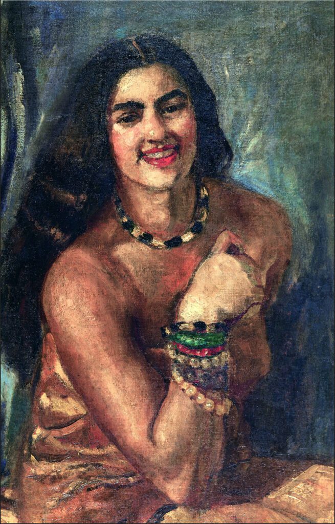 Amrita Sher-Gil's vibrant self-portrait featuring traditional Indian jewelry and attire, showcasing her radiant smile and richly textured painting style, epitomizing her fusion of Indian culture and personal expression.