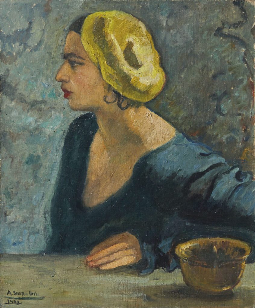 1931 self-portrait by Amrita Sher-Gil, showcasing the artist in profile with a yellow headscarf and deep blue attire, symbolizing her bold artistry and Indo-European heritage.