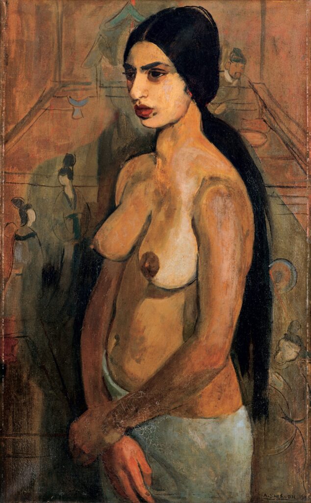 Amrita Sher-Gil's self-portrait painting, featuring a standing nude figure with introspective gaze, capturing the essence of her signature style with earthy tones and bold expression, reflecting her Indian-European heritage and modernist influence.