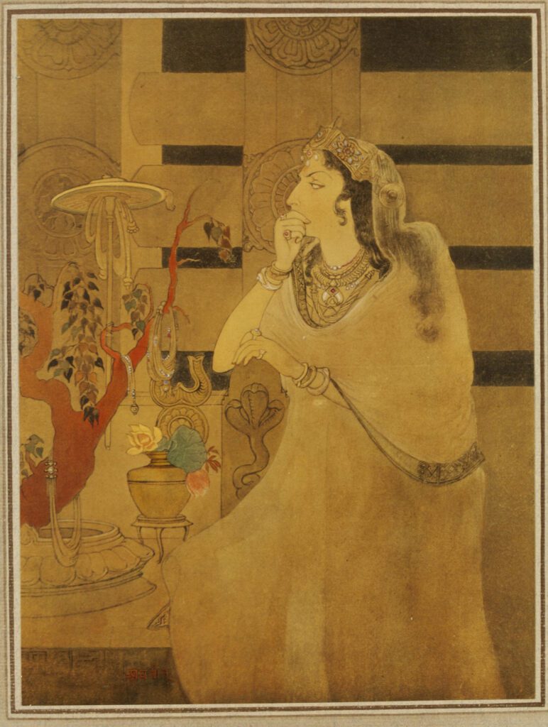 Elegant painting of Asoka's Queen in traditional Indian attire, deep in thought, with intricate historical motifs and rich cultural symbolism from ancient India.