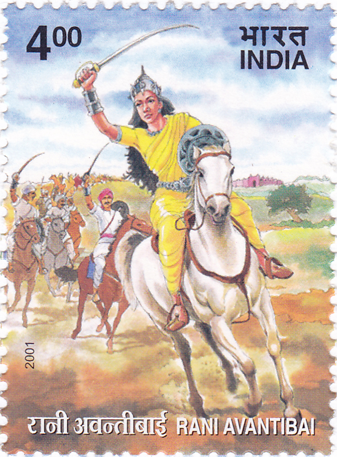 2001 Indian postage stamp featuring Rani Avantibai Lodhi in vibrant yellow, wielding a sword on horseback, leading her troops, symbolizing her role as a fierce leader in the 1857 Indian Rebellion.