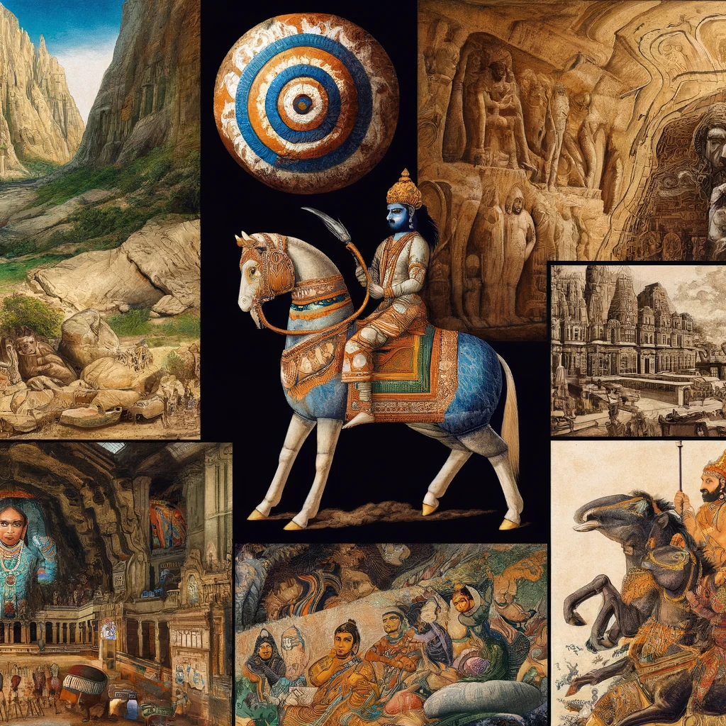 Collage depicting the history of Indian art, featuring segments of prehistoric cave paintings, classical murals, Mughal miniatures, Bengal School art, and modern Indian artwork, illustrating the evolution from ancient to contemporary styles.