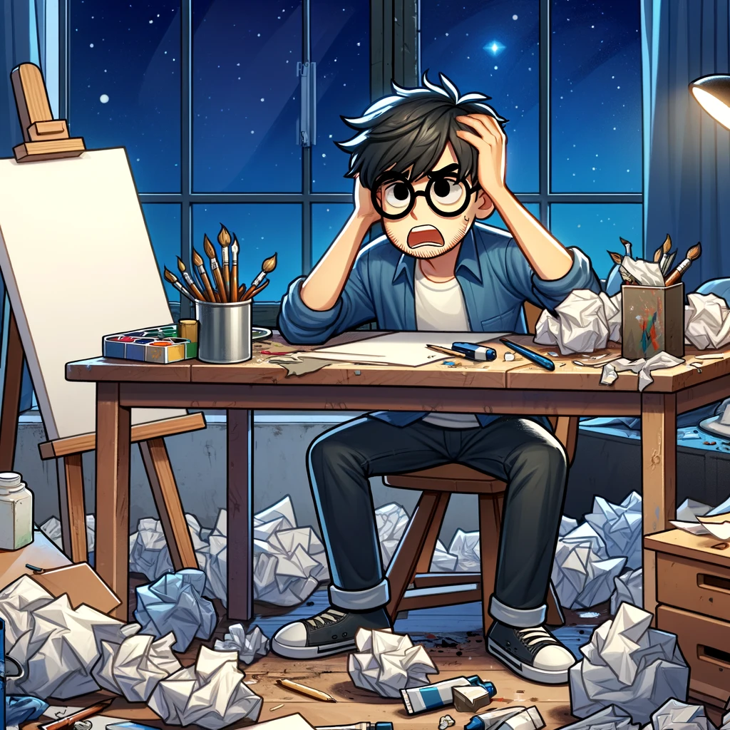 Cartoon of male artist with art block sitting at cluttered desk in studio, surrounded by unfinished art and paint tubes, expressing frustration.