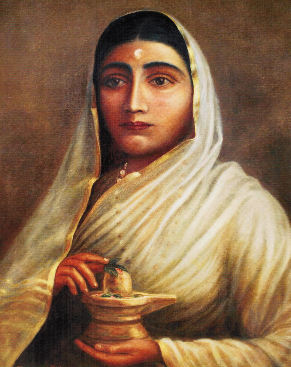 Portrait of Maharani Ahilya Bai Holkar, painted in a traditional style, depicting the queen in a white saree holding a diya, symbolizing her as a beacon of wisdom and devotion in Indian history.