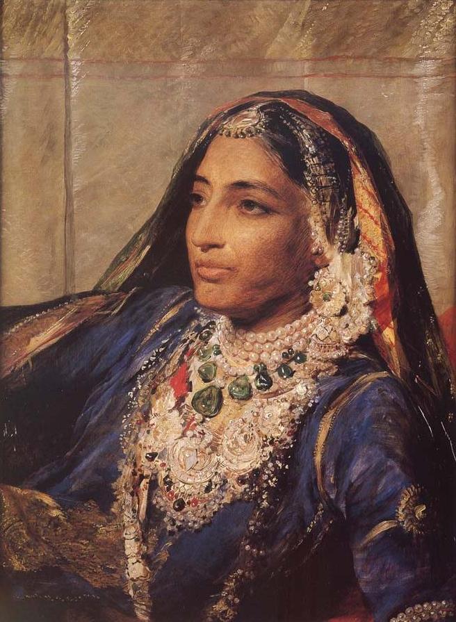Portrait of Maharani Jind Kaur adorned in traditional attire with opulent jewelry, capturing the rich cultural heritage and royal elegance of the Sikh Empire, painted with intricate detail and realism.