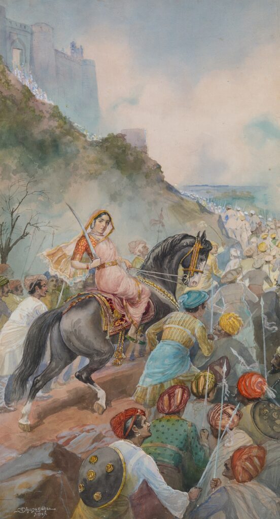 1927 painting by Madhav Vishwanath Dhurandhar depicting Maharani Tarabai in battle attire on horseback leading troops with a fortress in the background, symbolizing her leadership in the Maratha wars.