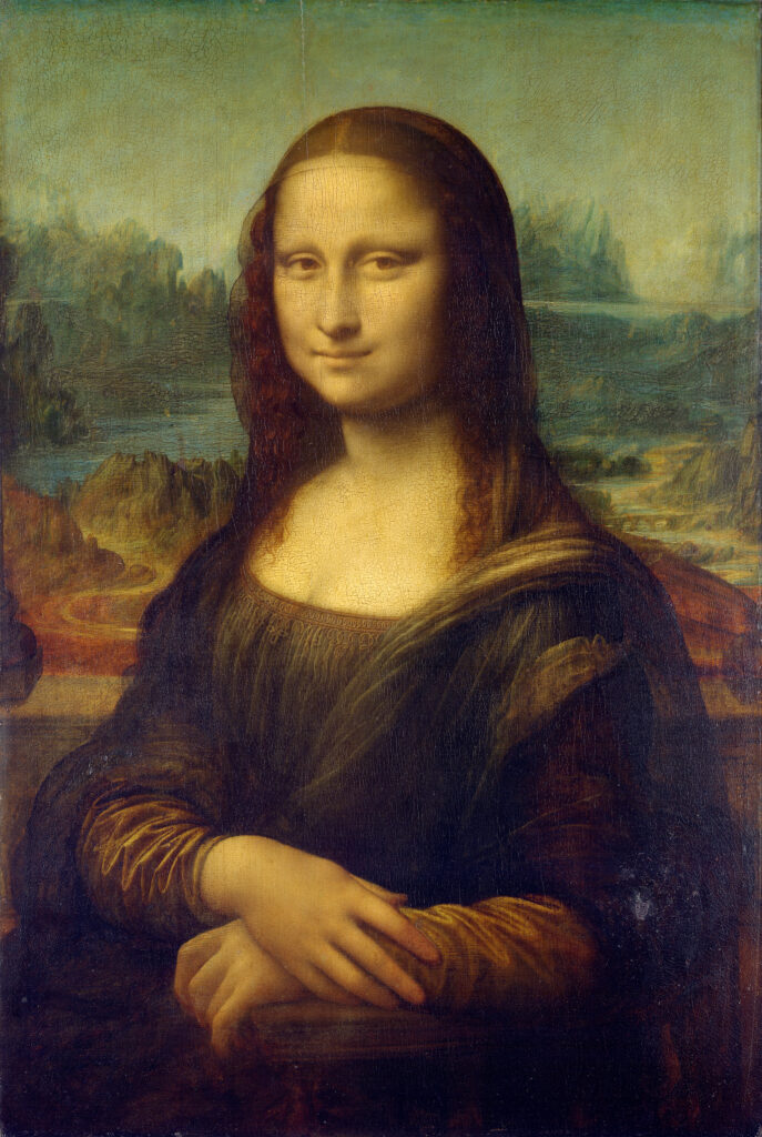 Mona Lisa by Leonardo da Vinci, the quintessential Renaissance portrait showcasing sfumato technique and enigmatic expression against a serene landscape backdrop.