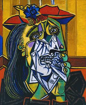Abstract painting by Picasso featuring a woman with a tearful expression, showcasing the dynamic use of shapes and colors.