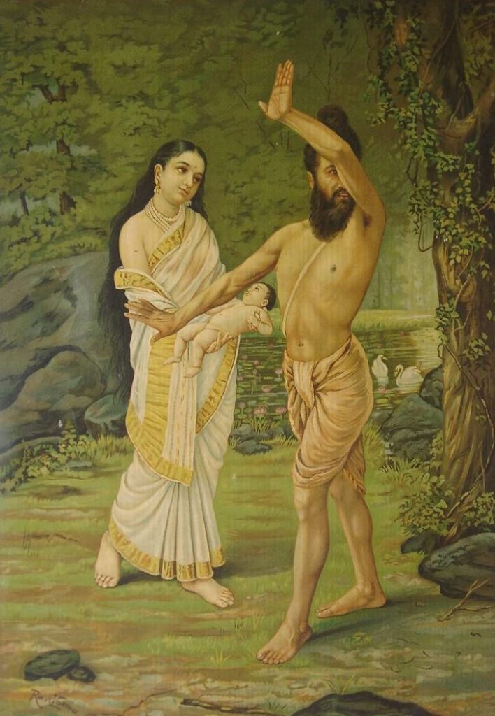 Raja Ravi Varma's painting 'Birth of Shakuntala' depicting the sage Vishwamitra rejecting Menaka and baby Shakuntala amidst the tranquil setting of an Indian hermitage.