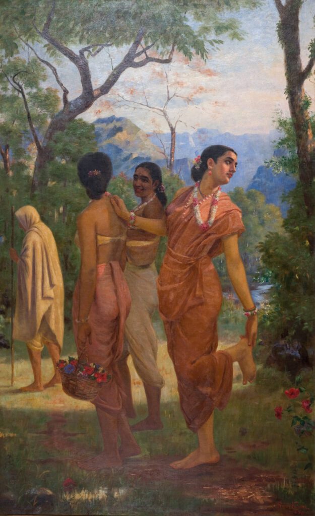 Shakuntala in an orange sari glancing back under the ruse of removing a thorn in Raja Ravi Varma's painting, surrounded by the verdant beauty of a forest scene with sakhis nearby.