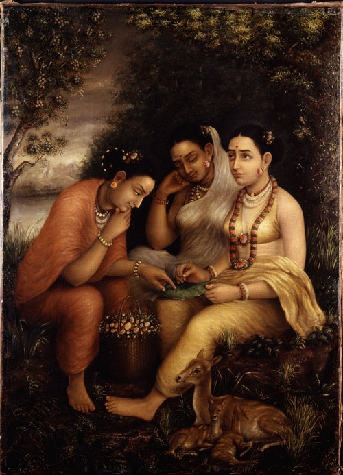 Shakuntala, in a traditional Indian ensemble, writing on a lotus leaf surrounded by lush forest and companions, with a fawn resting at her feet in Raja Ravi Varma's painting.