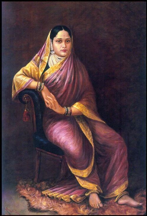 Classic oil painting by Raja Ravi Varma of Maharani Chimnabai, seated elegantly on a chair, draped in a rich maroon and gold saree, embodying the grace and poise of Indian royalty.