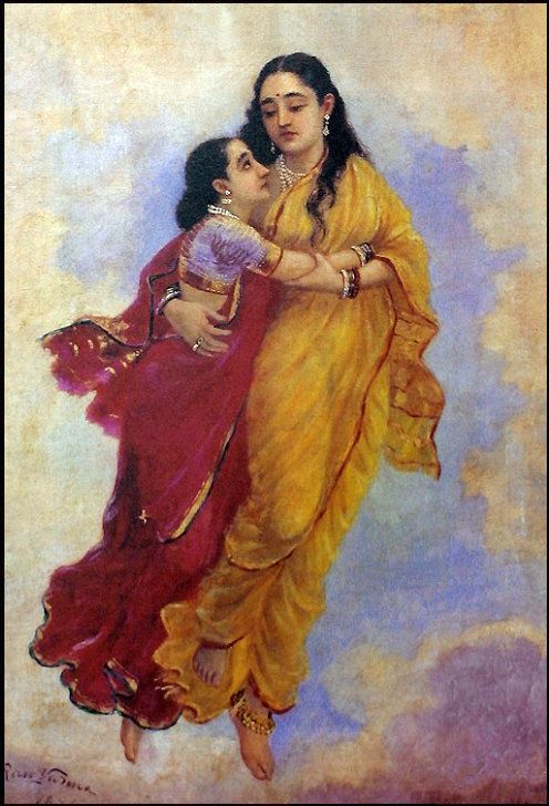 A poignant scene painted by Raja Ravi Varma, showing Menaka in a yellow sari tenderly embracing her daughter Shakuntala against a muted, cloud-like background.