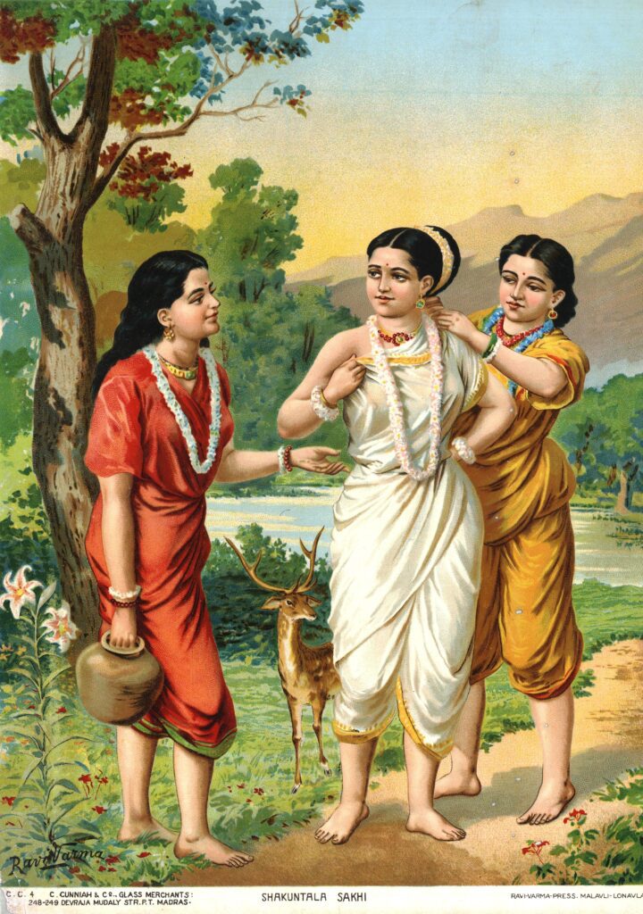 Oleograph by Raja Ravi Varma depicting Shakuntala in white saree with two friends in colorful attire, engaging playfully in a forest setting with a deer by their side.