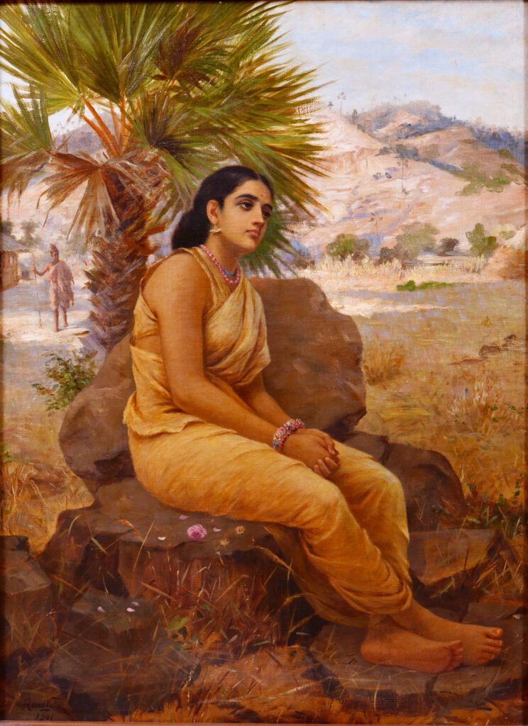 1901 painting by Raja Ravi Varma depicting Shakuntala in a mustard saree, lost in deep thought, seated on a rocky outcrop, with a panoramic view of a rural landscape in the background.