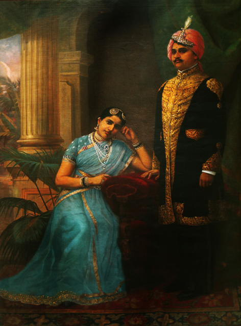 Raja Ravi Varma's painting of the Raja and Rani of Kurupam, showcasing the royal couple in traditional Indian attire, radiating the grandeur and cultural essence of their noble heritage.
