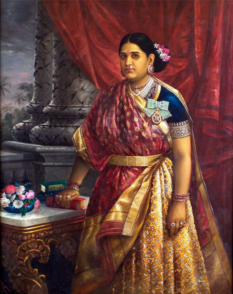 Oil painting by Raja Ravi Varma portraying Maharani Lakshmi Bai of Travancore in traditional attire, adorned with a medal, exuding dignity and poise against a backdrop of classic architectural elements.