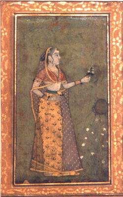 An antique Mughal painting depicting Rani Durgavati, a revered Indian queen, standing gracefully with a flower in her hand, adorned in traditional regal attire with a patterned gold saree and jewelry, set against a muted earthy background with an ornate border.