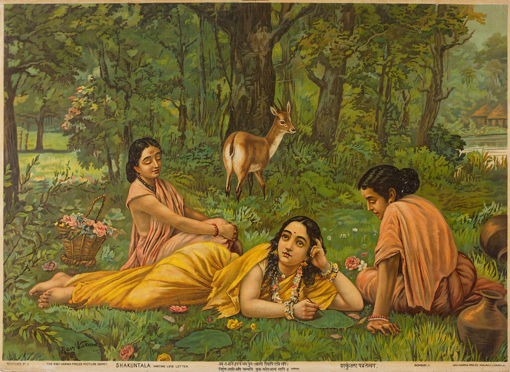 Shakuntala, in vivid traditional clothing, writing a heartfelt letter to King Dushyanta, surrounded by the verdant greenery of the hermitage with attentive sakhis in Raja Ravi Varma's painting.