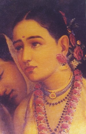 Portrait of Shakuntala by Raja Ravi Varma, showcasing her adorned in classical Indian jewelry and a look of contemplation, embodying the rich heritage of Indian art.