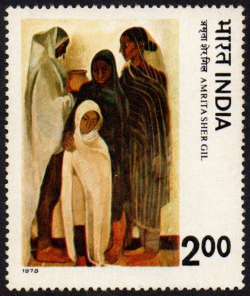 Indian postage stamp from 1978 valued at 200 rupees, commemorating renowned artist Amrita Sher-Gil, depicting her iconic painting 'Hill Women', with figures in traditional attire radiating the cultural essence of India.
