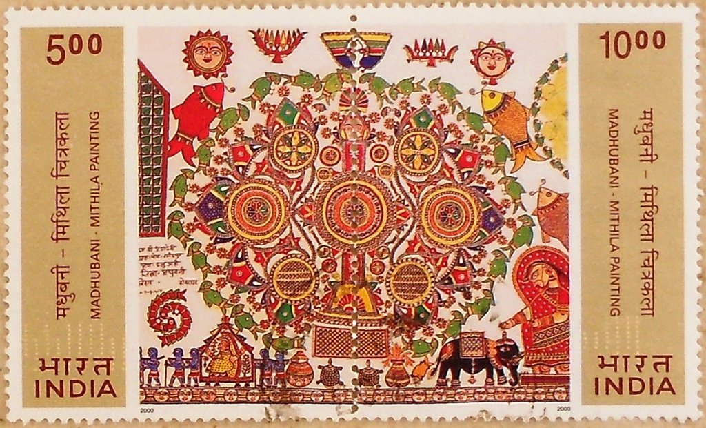 Indian postage stamps depicting colorful Madhubani Mithila painting
