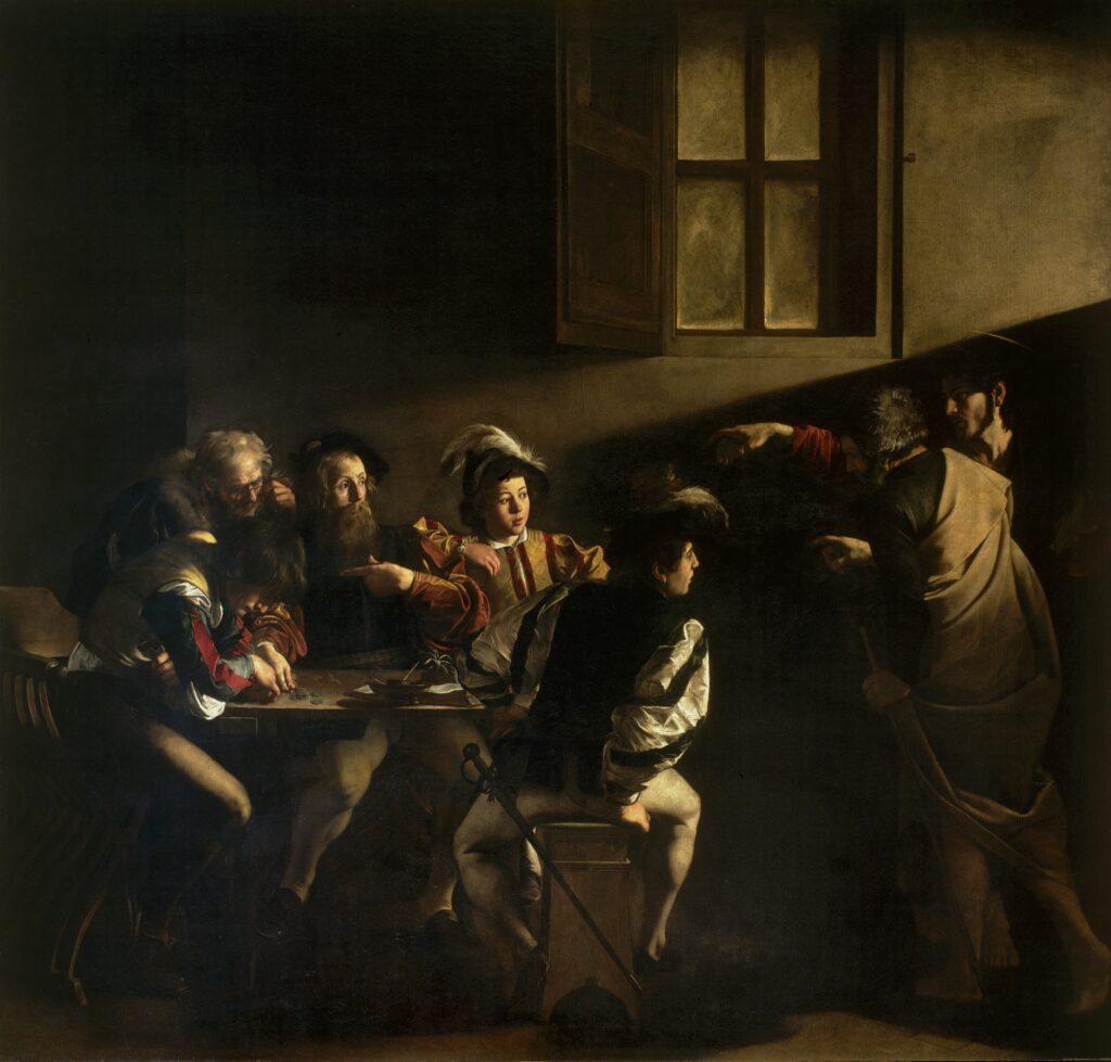 Caravaggio's The Calling of Saint Matthew (1599-1600) displays dramatic chiaroscuro, with a beam of light from an upper right window highlighting the pivotal moment of Matthew's divine calling as he gestures towards himself in surprise, surrounded by figures in 17th-century attire immersed in shadow and light contrasts.