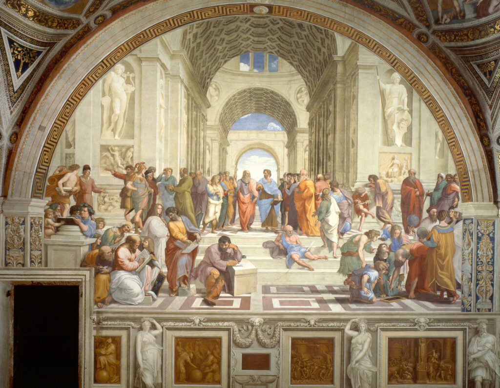 Raphael's fresco 'The School of Athens' in the Vatican's Apostolic Palace, featuring illustrious philosophers and scientists of antiquity such as Plato and Aristotle in a grand classical architectural setting, symbolizing the intellectual achievements of the High Renaissance.