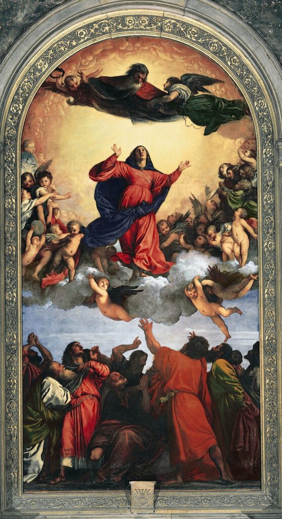 Titian's 'Assumption of the Virgin' vividly captures the Virgin Mary's ascent to heaven, surrounded by a throng of angels and awestruck apostles below, showcasing the dynamic movement and rich color palette characteristic of Venetian High Renaissance art.