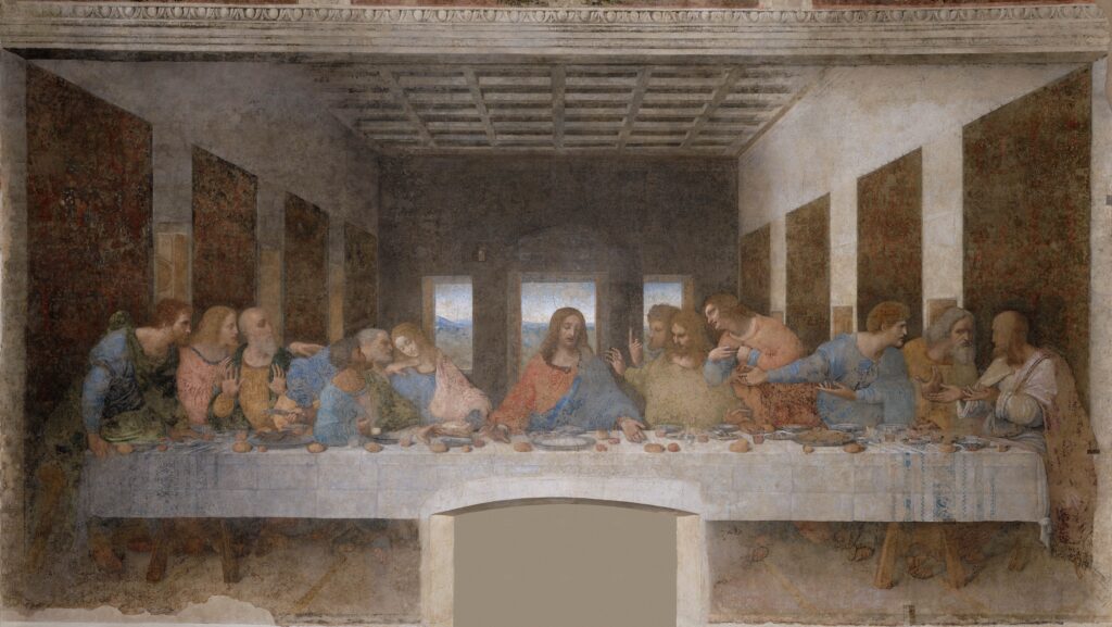 Leonardo da Vinci's The Last Supper, a seminal Renaissance fresco, depicts Jesus Christ with his apostles in a dramatic and symmetrical composition, showcasing the innovative use of linear perspective with vanishing points leading to the figure of Christ.