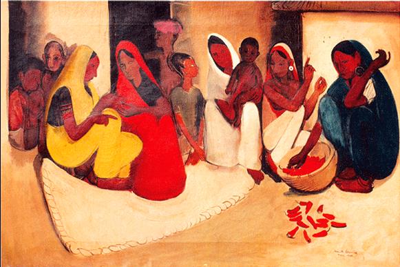 Amrita Sher-Gil's 1938 painting 'Village Scene' displaying a group of Indian women in traditional sarees engaged in communal activities against a backdrop of warm, earthy tones, capturing the essence of village life and the enduring spirit of community.